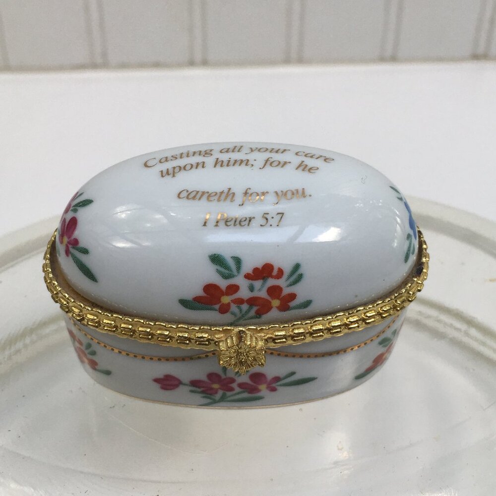 Imperial Porcelain hinged Trinket Box Bible Verse 1 Peter 5:7